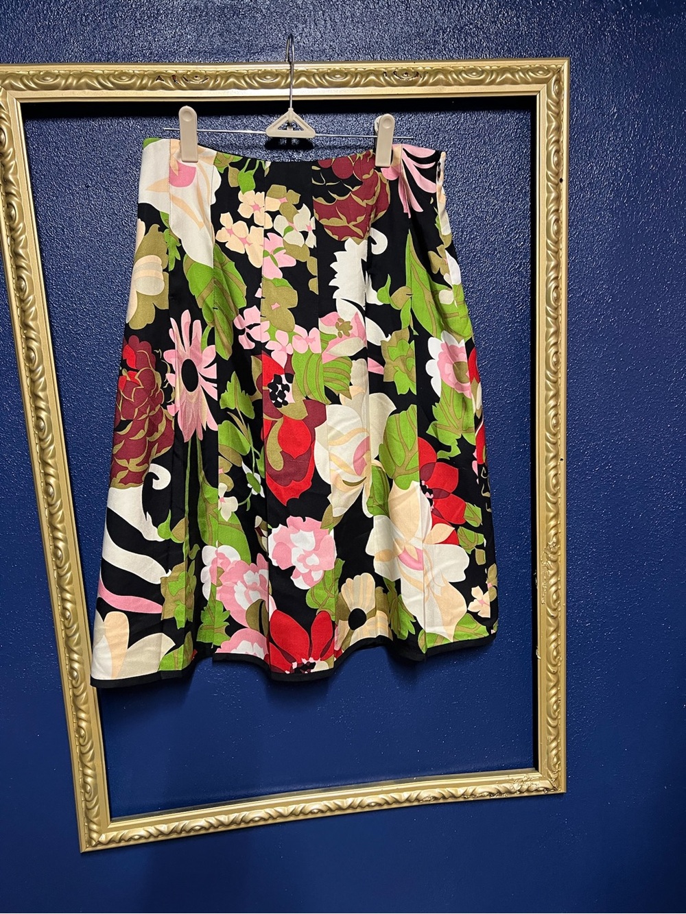 Talbots Black Floral Circle Skirt with Pink, Red & Green Blooms